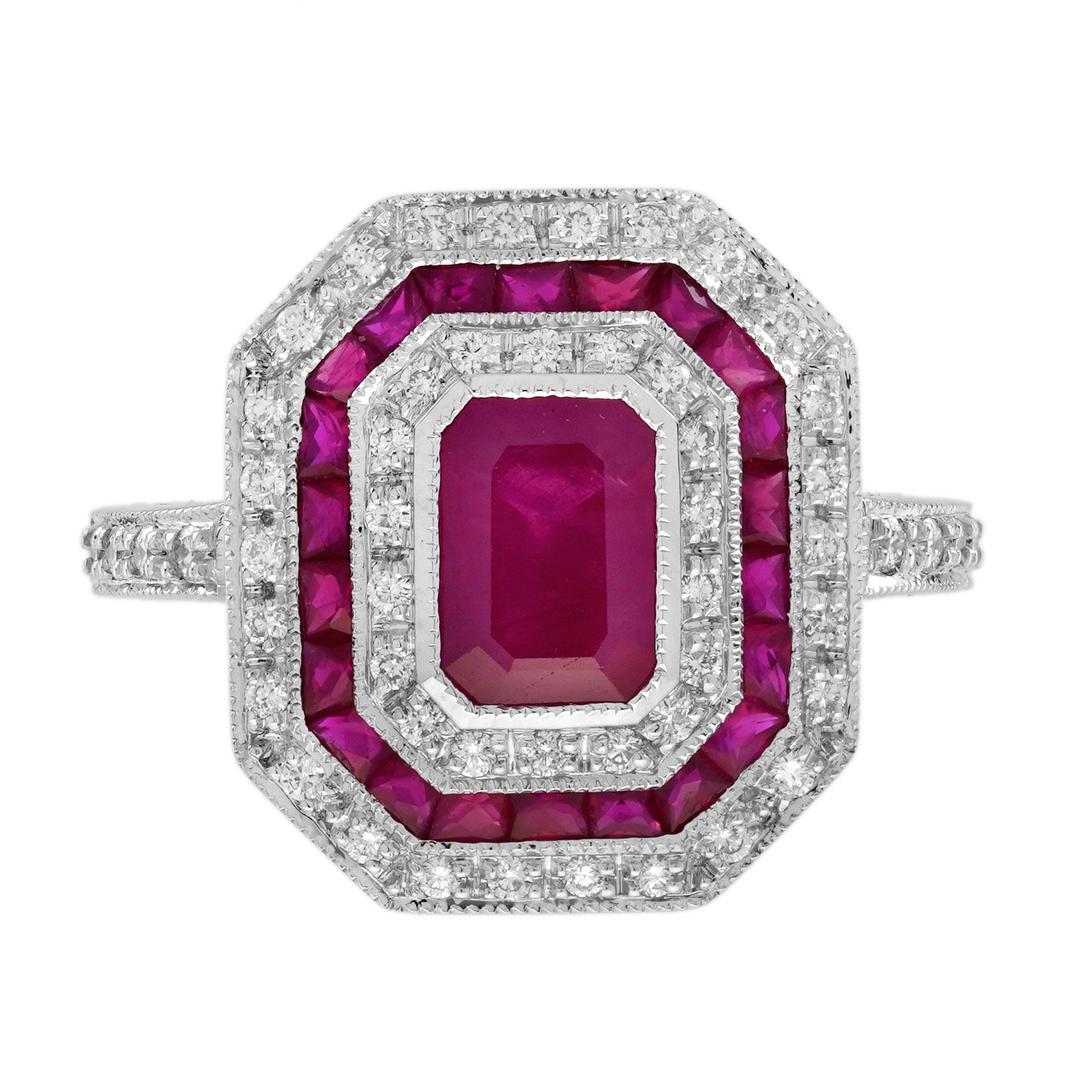 Ruby and Diamond Art Deco Style Octagonal Engagement Ring in 18k White Gold For Sale