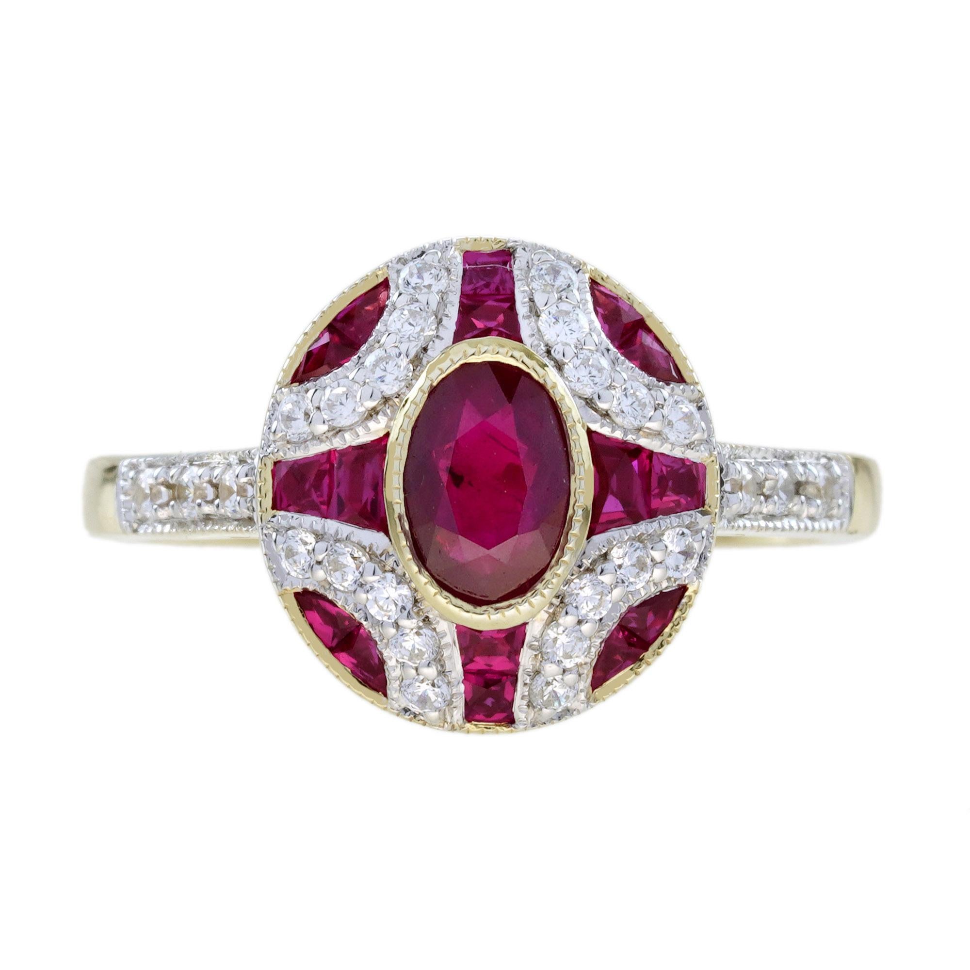 Ruby and Diamond Art Deco Style Oval Halo Ring in 18K Yellow Gold