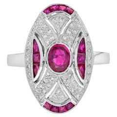 Ruby and Diamond Art Deco Style Oval Shaped Ring in 18k White Gold Ruby and Diamond Art Deco Style Oval Shaped Ring in 18k White Gold