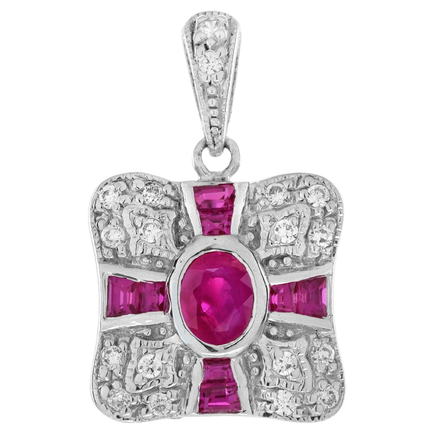 Ruby and Diamond Art Deco Style Pendant in 14K White Gold