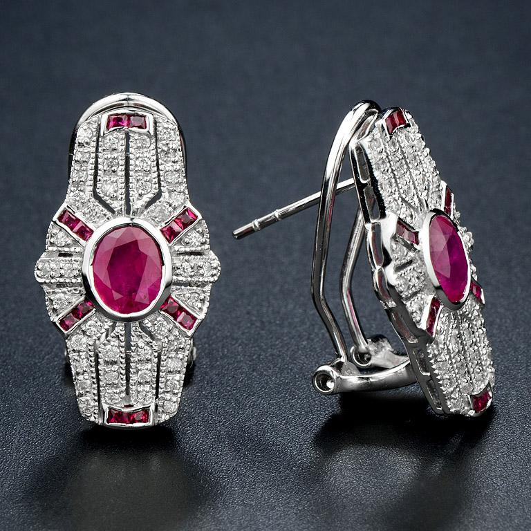 Oval Cut Ruby and Diamond Art Deco Style Shield Shape Omega Earrings in 18K White Gold For Sale