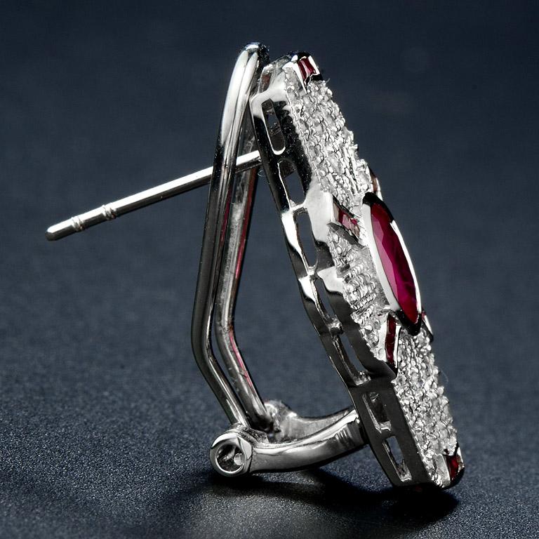Ruby and Diamond Art Deco Style Shield Shape Omega Earrings in 18K White Gold In New Condition For Sale In Bangkok, TH