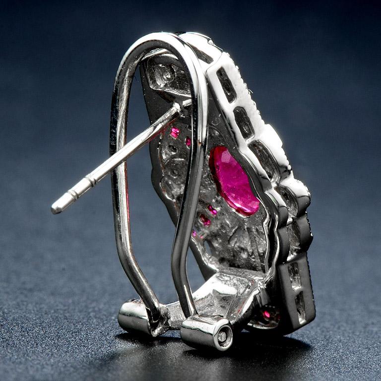 Women's Ruby and Diamond Art Deco Style Shield Shape Omega Earrings in 18K White Gold For Sale