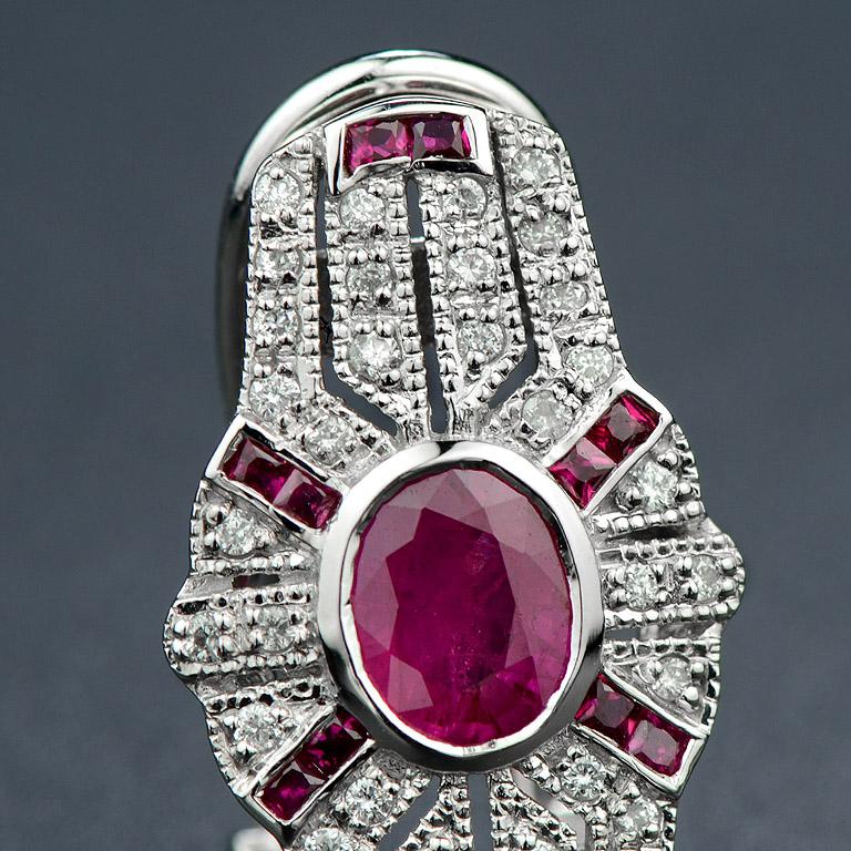 Ruby and Diamond Art Deco Style Shield Shape Omega Earrings in 18K White Gold For Sale 1