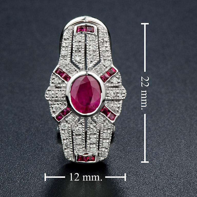 Ruby and Diamond Art Deco Style Shield Shape Omega Earrings in 18K White Gold For Sale 2