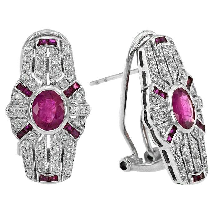 Ruby and Diamond Art Deco Style Shield Shape Omega Earrings in 18K White Gold For Sale