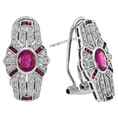 Ruby and Diamond Art Deco Style Shield Shape Omega Earrings in 18K White Gold