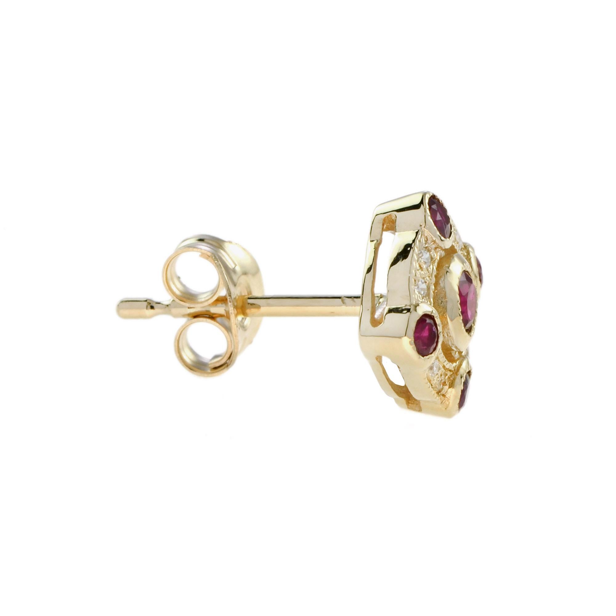 A vivid round ruby takes center stage, radiating warmth and elegance. Four additional rubies extend gracefully to the left, right, top, and bottom, forming a striking geometric pattern. Diamonds glimmer between each ruby, adding brilliance and