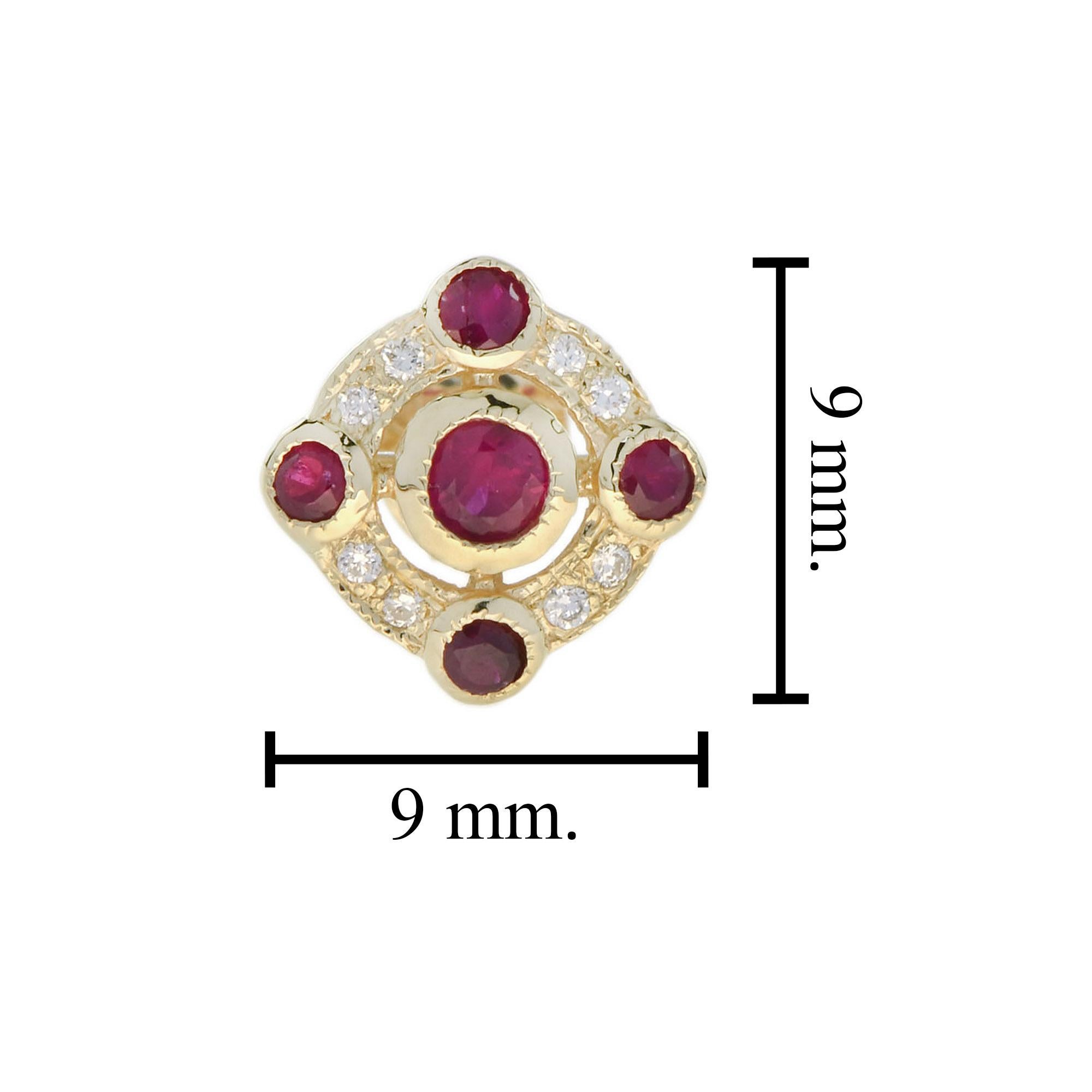 Ruby and Diamond Art Deco Style Stud Earrings in 14K Yellow Gold Corte redondo en venta