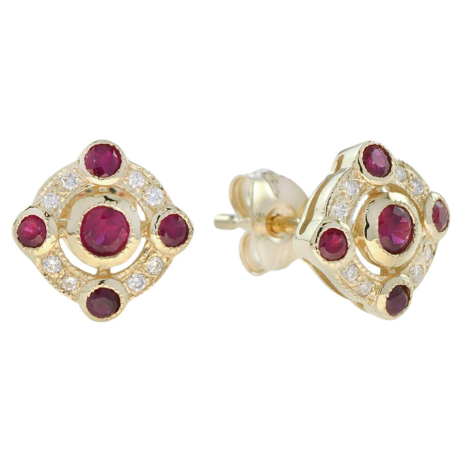 Ruby and Diamond Art Deco Style Stud Earrings in 14K Yellow Gold