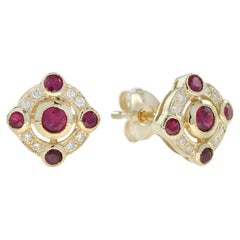 Ruby and Diamond Art Deco Style Stud Earrings in 14K Yellow Gold