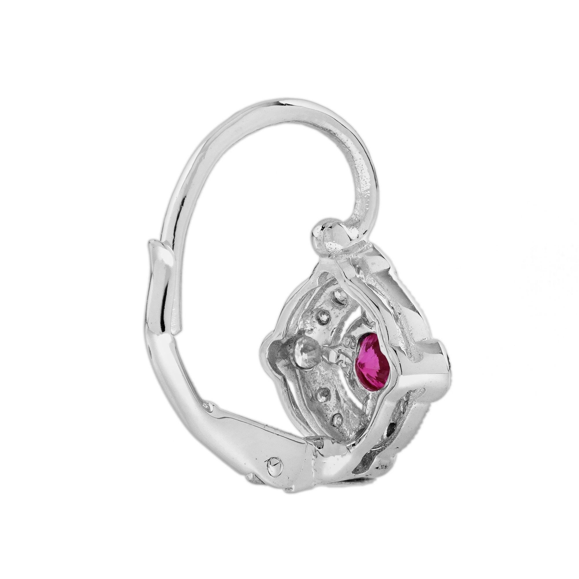 Round Cut Ruby and Diamond Art Deco Style Target Drop Earrings in 9K White Gold For Sale