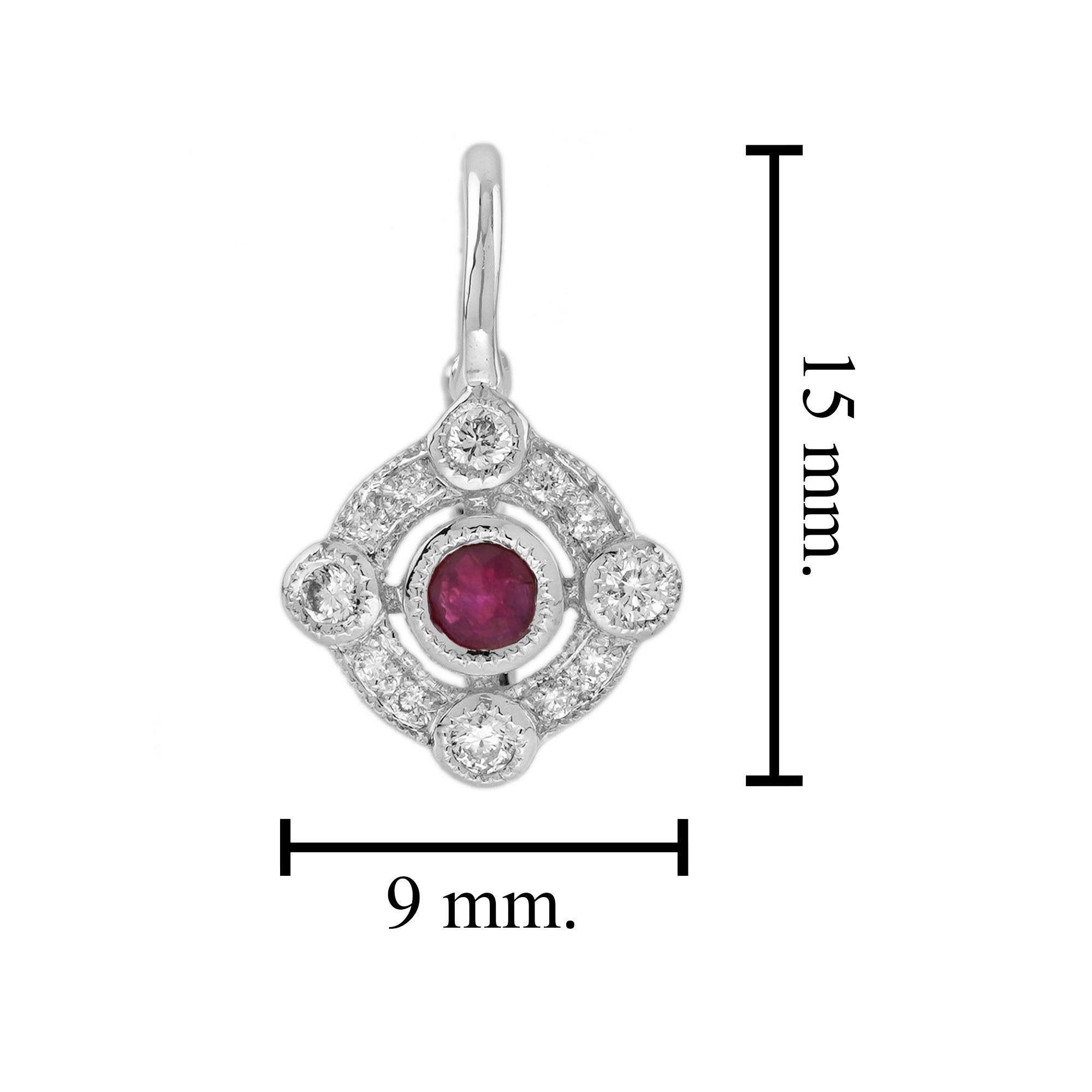 Taglio rotondo Orecchini Target in oro bianco 9K con rubino e diamanti in stile Art Deco in vendita