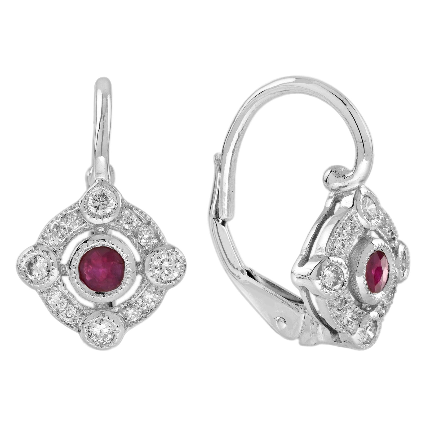 Orecchini Target in oro bianco 9K con rubino e diamanti in stile Art Deco in vendita