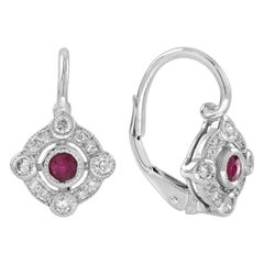 Orecchini Target in oro bianco 9K con rubino e diamanti in stile Art Deco