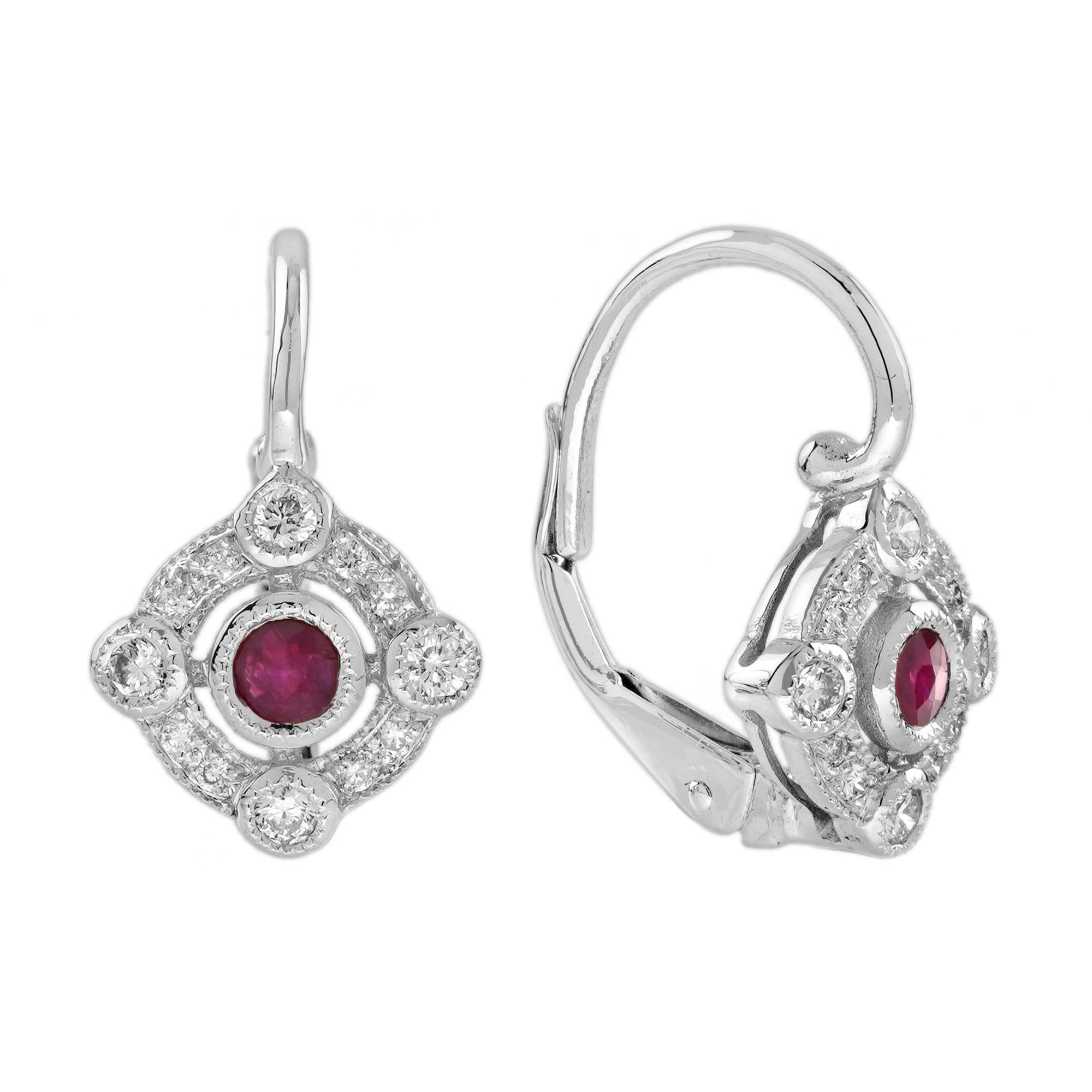 Ruby and Diamond Art Deco Style Target Drop Earrings in 9K White Gold For Sale