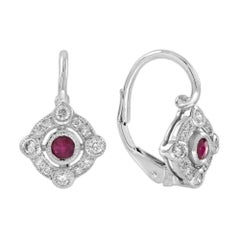 Ruby and Diamond Art Deco Style Target Drop Earrings in 9K White Gold