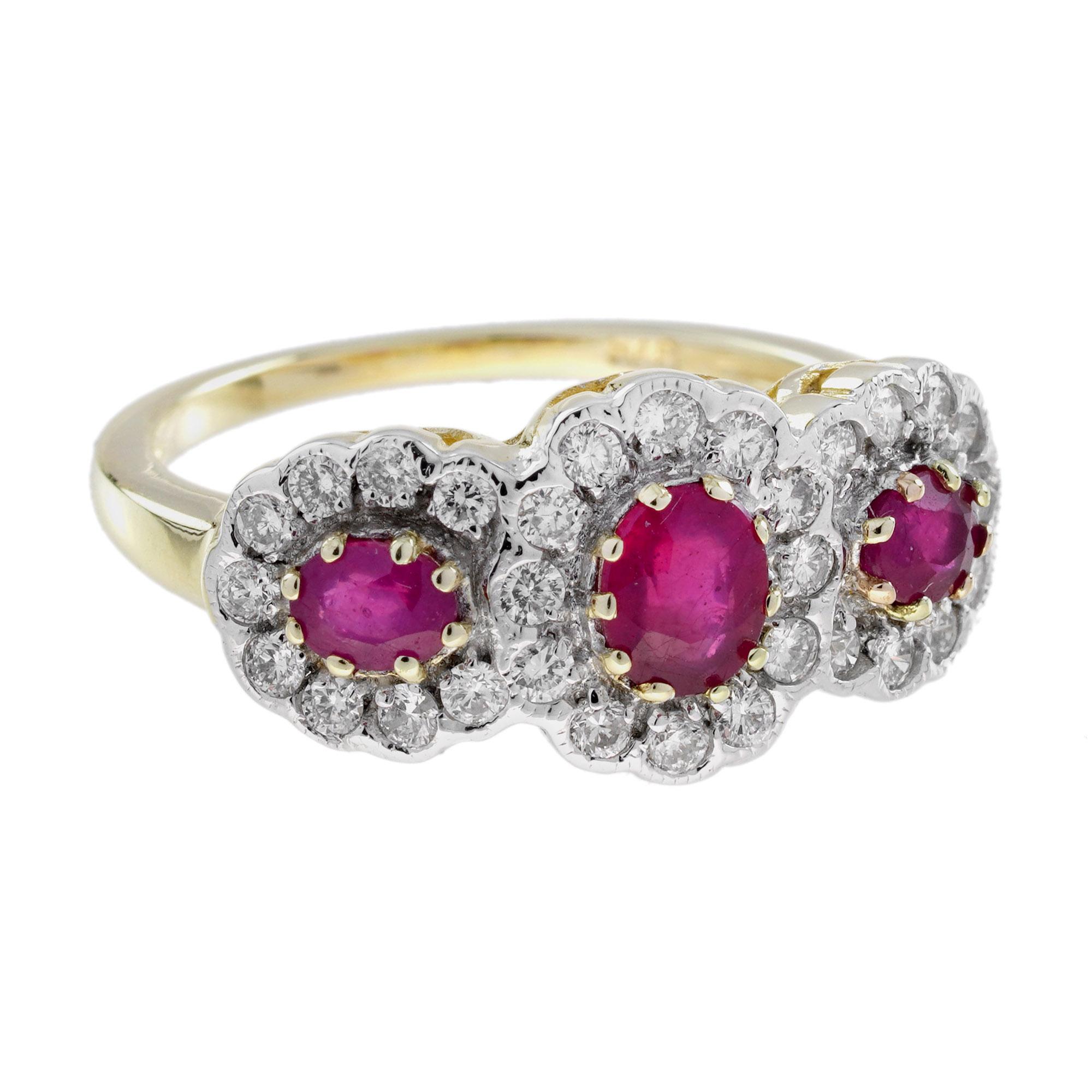 Oval Cut Ruby and Diamond Art Deco Style Three Stone Ring in 9K Two Tone Gold For Sale