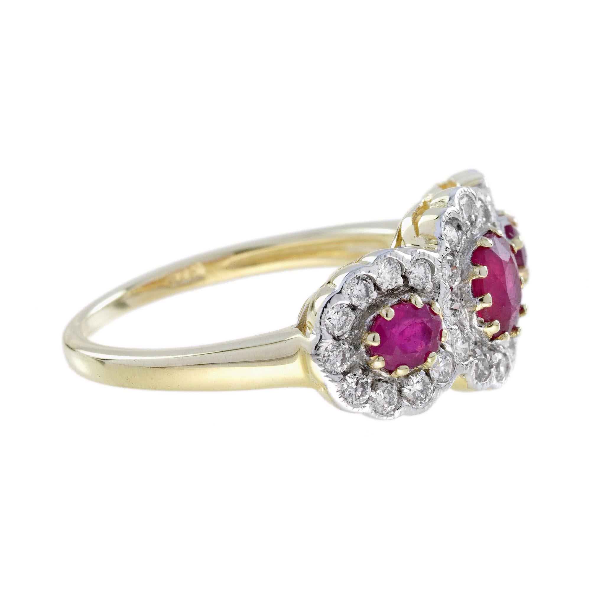 Ruby and Diamond Art Deco Style Three Stone Ring in 9K Two Tone Gold In New Condition For Sale In Bangkok, TH
