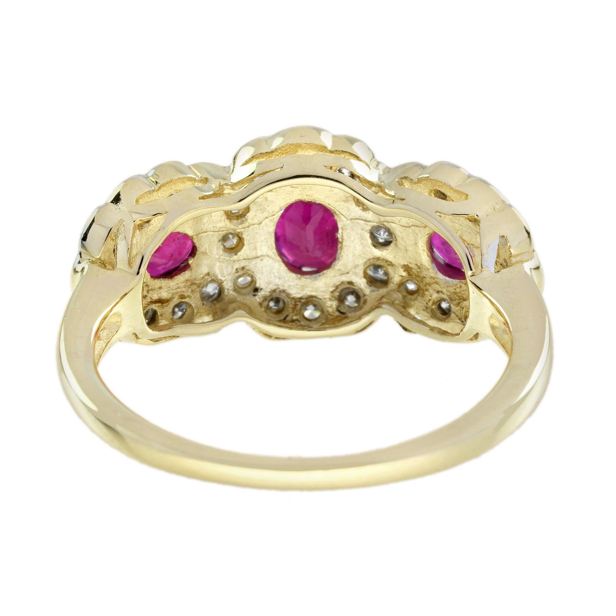 Women's Ruby and Diamond Art Deco Style Three Stone Ring in 9K Two Tone Gold For Sale