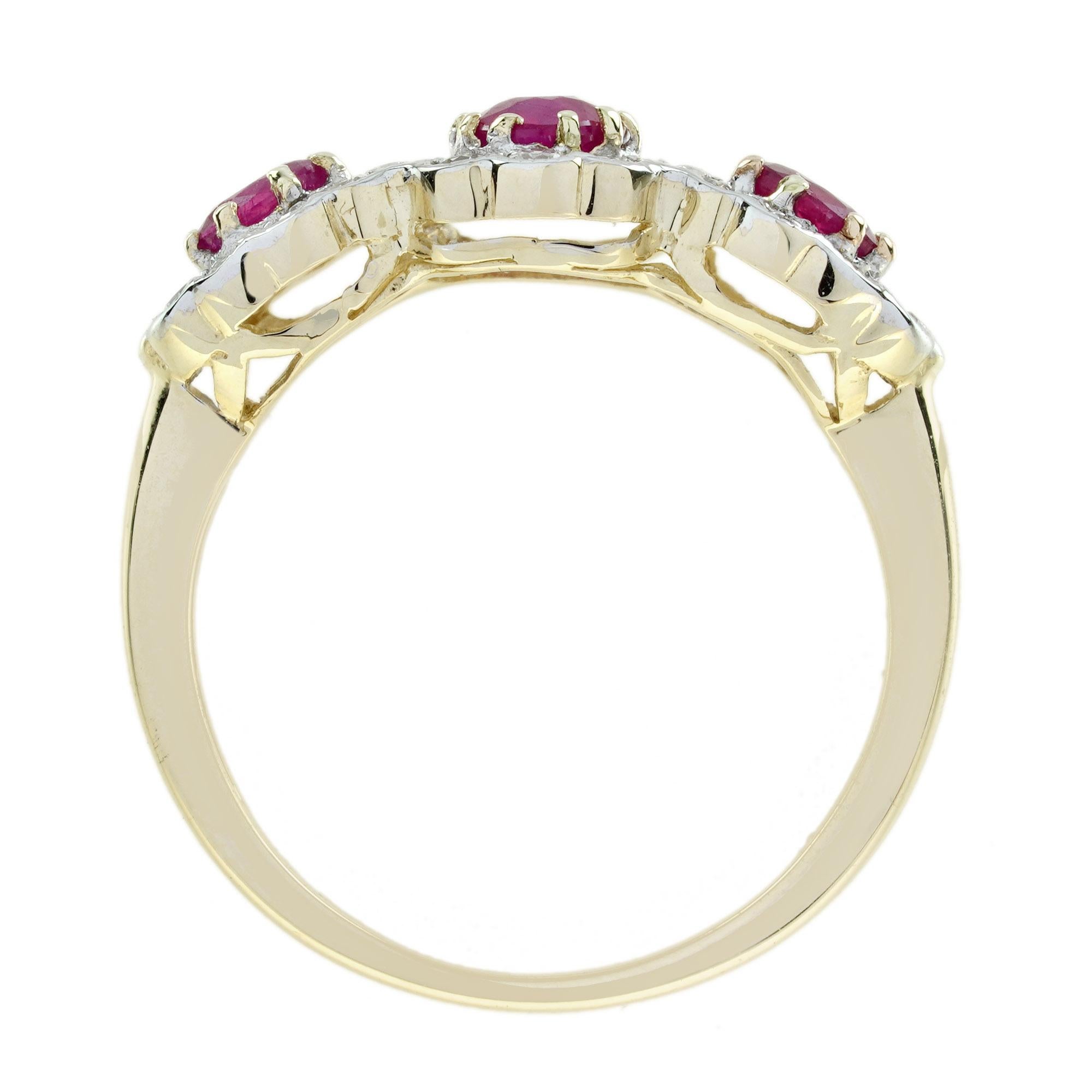 Ruby and Diamond Art Deco Style Three Stone Ring in 9K Two Tone Gold For Sale 1