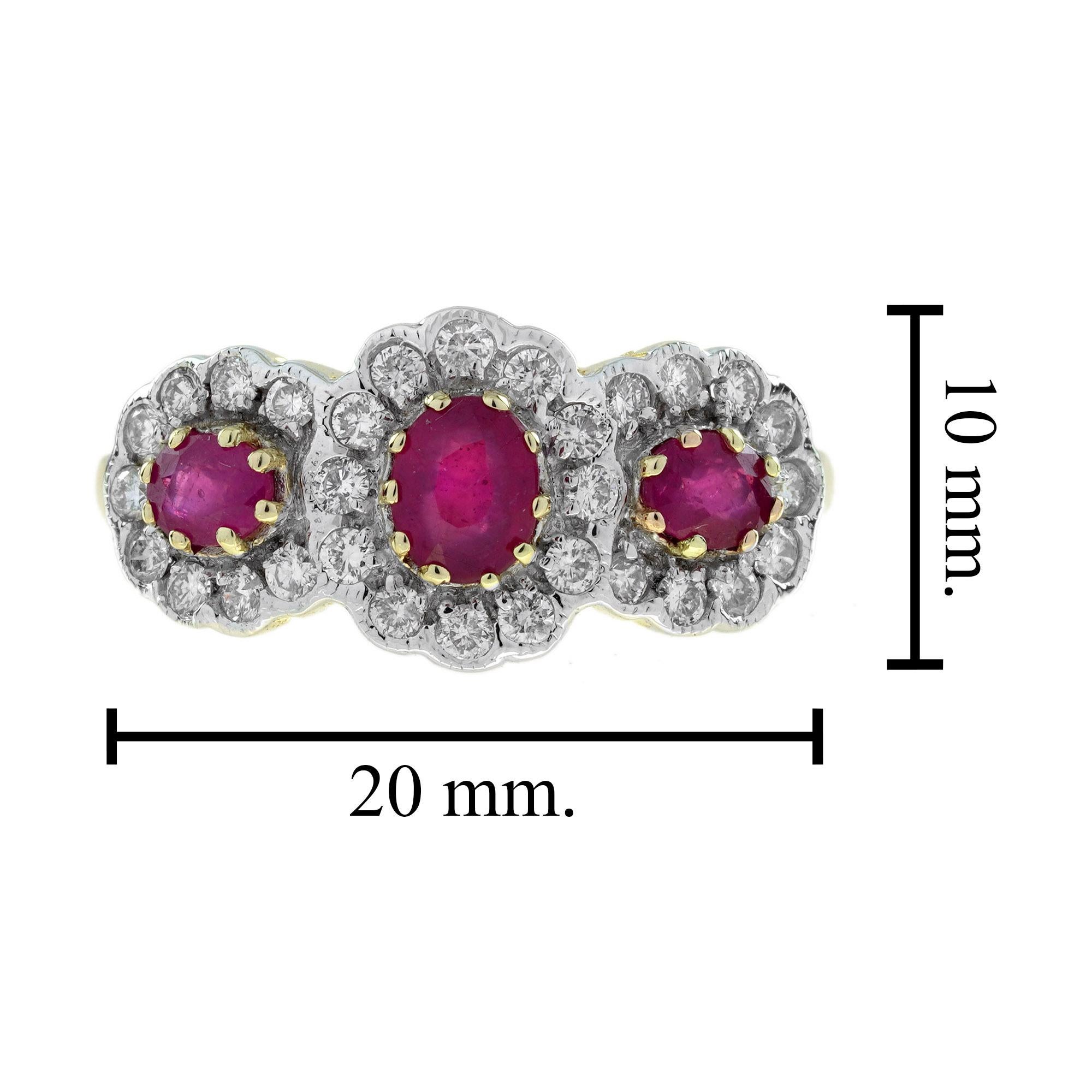 Ruby and Diamond Art Deco Style Three Stone Ring in 9K Two Tone Gold For Sale 2