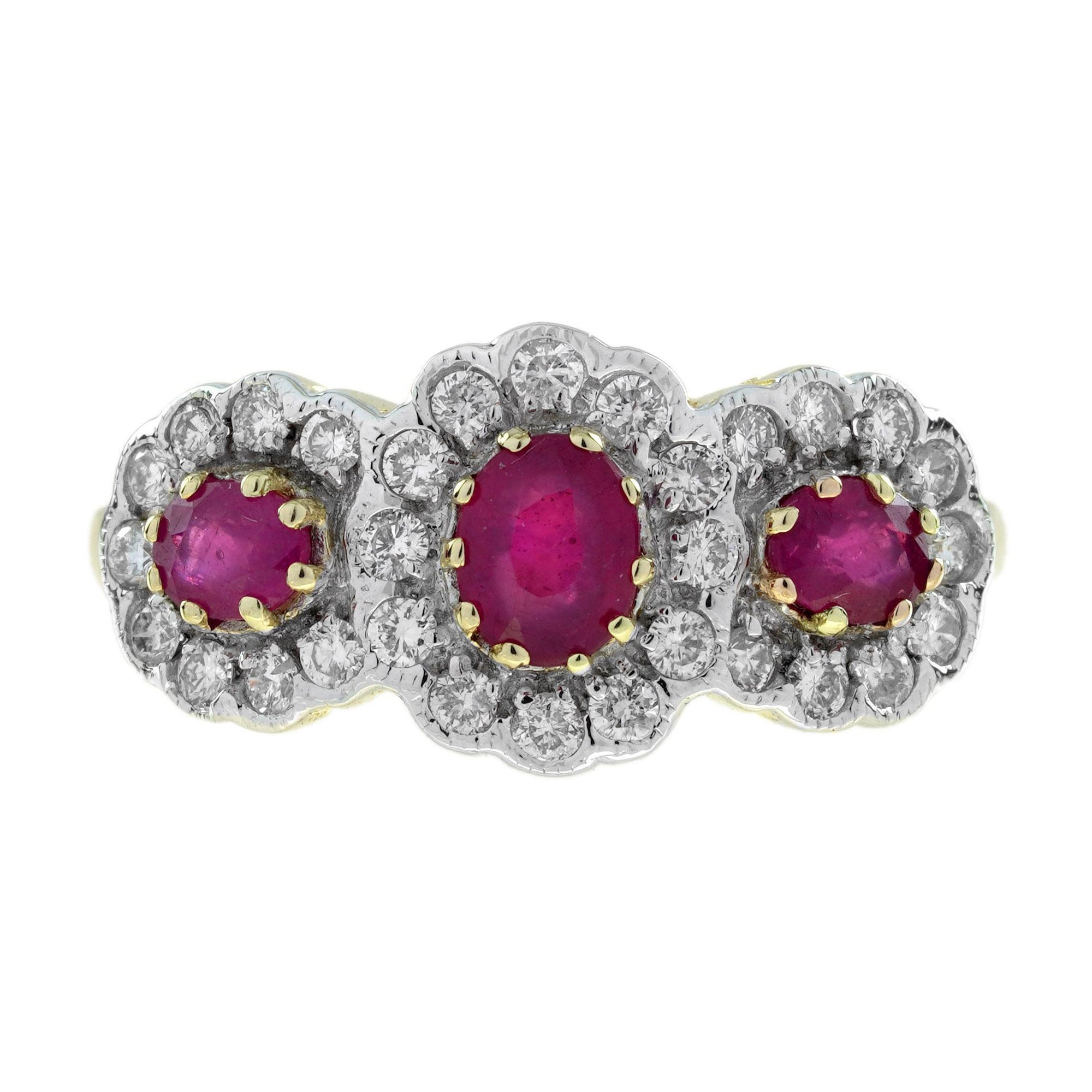 Ruby and Diamond Art Deco Style Three Stone Ring in 9K Two Tone Gold For Sale