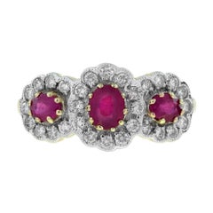 Dreisteinring mit Rubin und Diamant im Art-Déco-Stil aus 9K zweifarbigem Gold mit Rubin und Diamanten