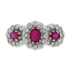 Ruby and Diamond Art Deco Style Three Stone Ring in 9K Two Tone Gold