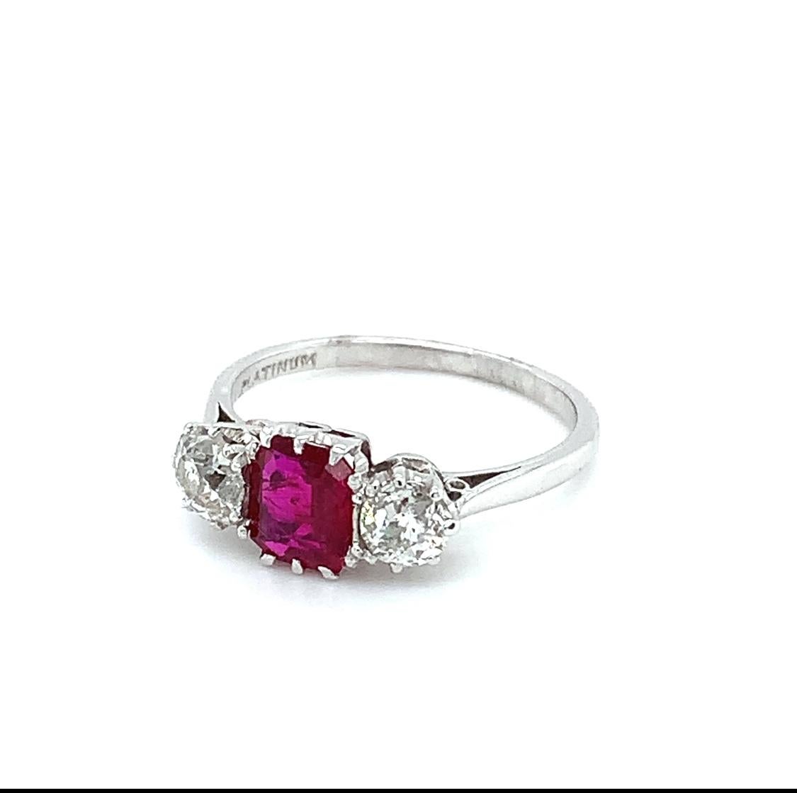 Women's Ruby and diamond art deco trilogy engagement ring platinum For Sale