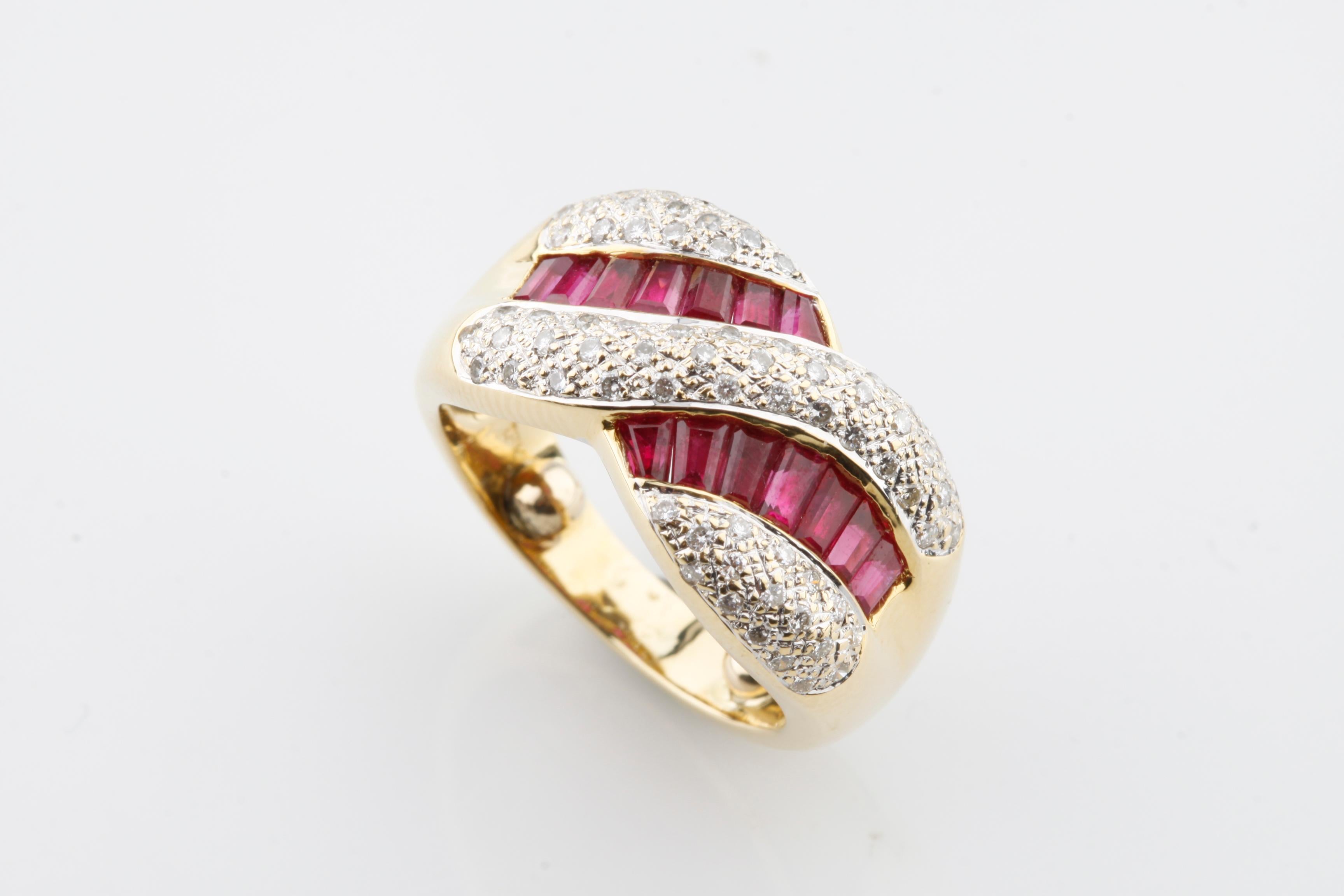 Fourteen Channel Set Baguette Cut Natural Ruby
Measuring 3.50 x 2.00 x 1.30 mm
Approximate Total Weight Of= 1.40 Carats. 
Clarity Is Slightly Included, Type II
Medium Dark, Moderately Strong, Slightly Purplish Red Color, (GIA slpR 6/4)
Cut Is