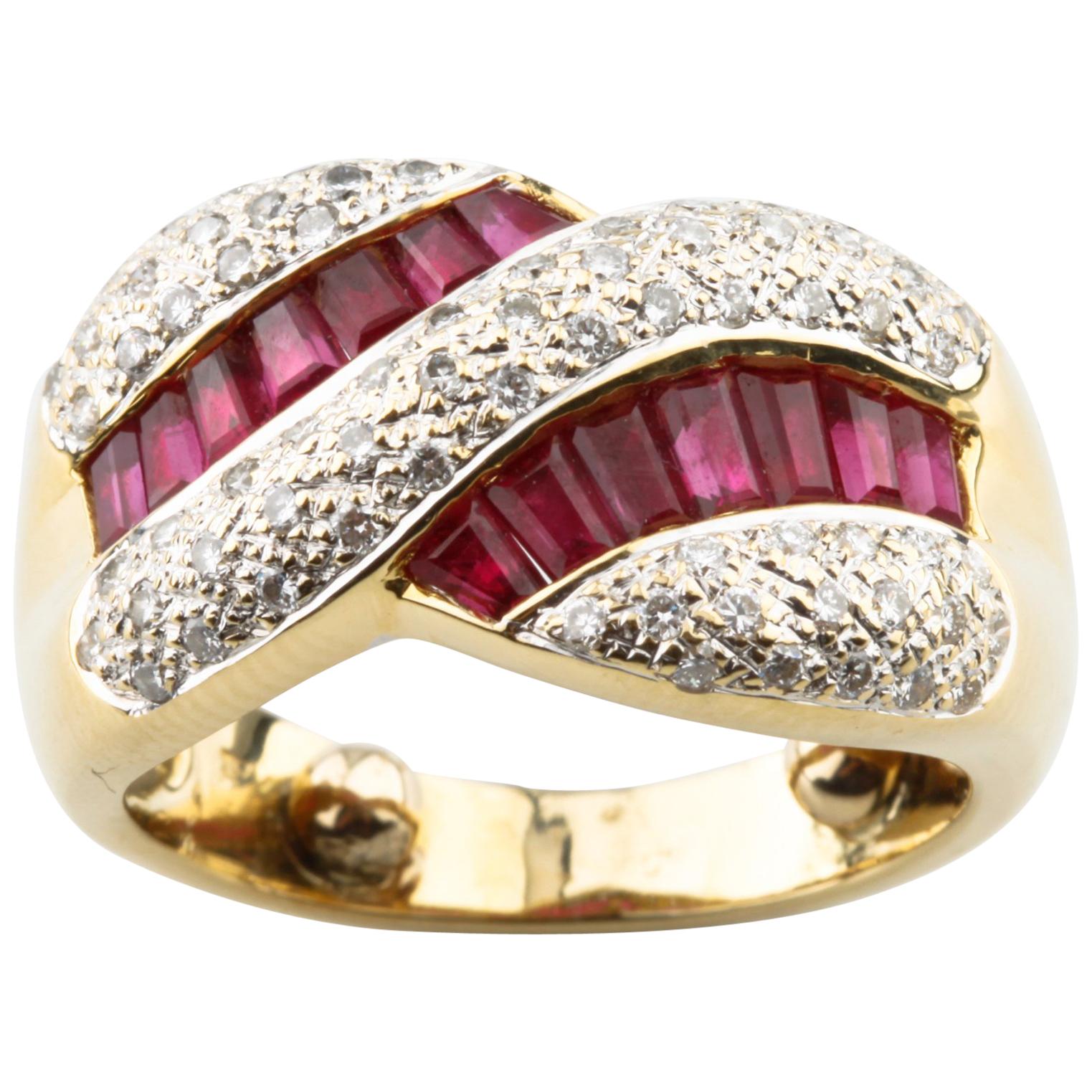 Ruby and Diamond Baguette Cut 18 Karat Yellow Gold Twist Band Ring For Sale