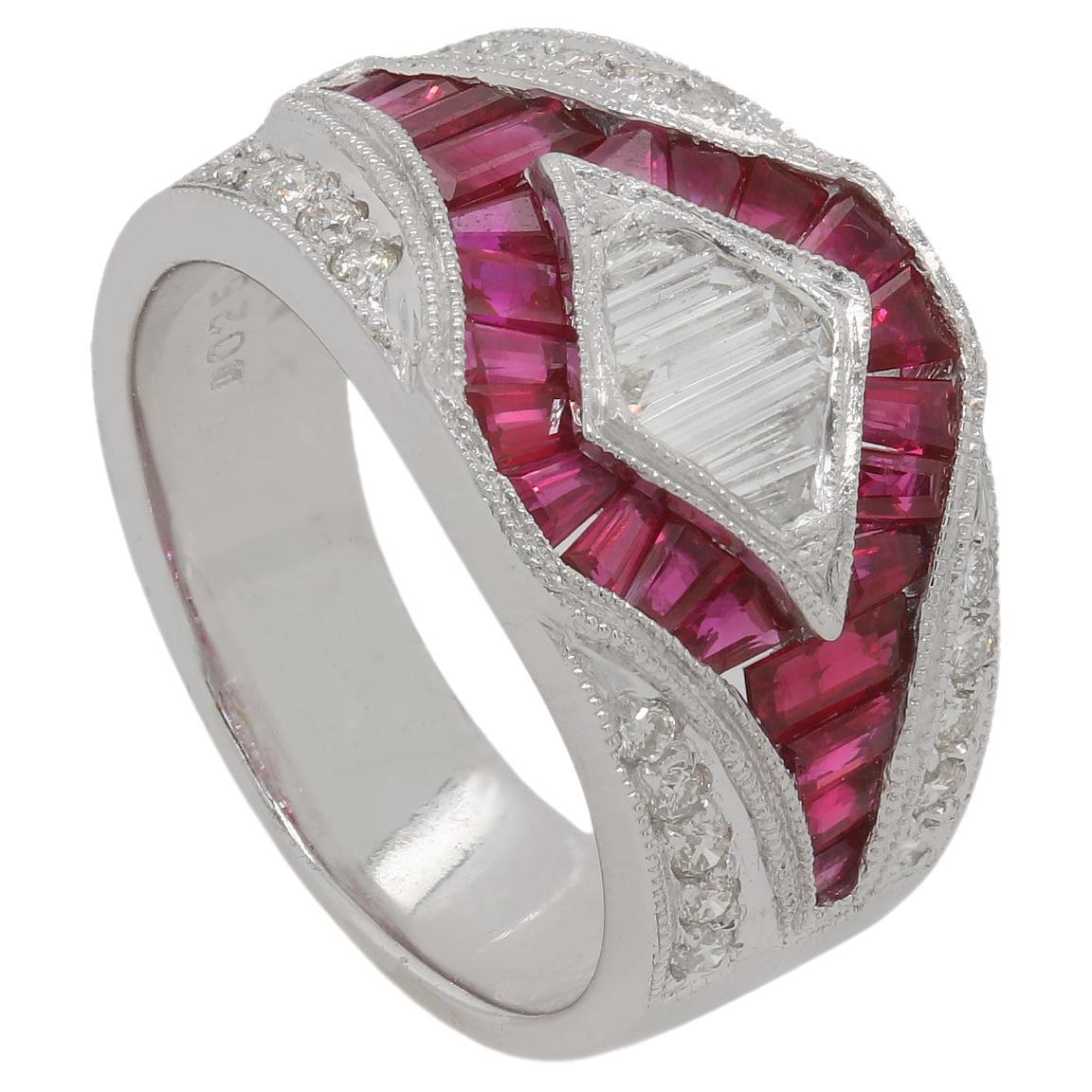 Ruby and Diamond Baguette Diamond Ring 18K White Gold For Sale