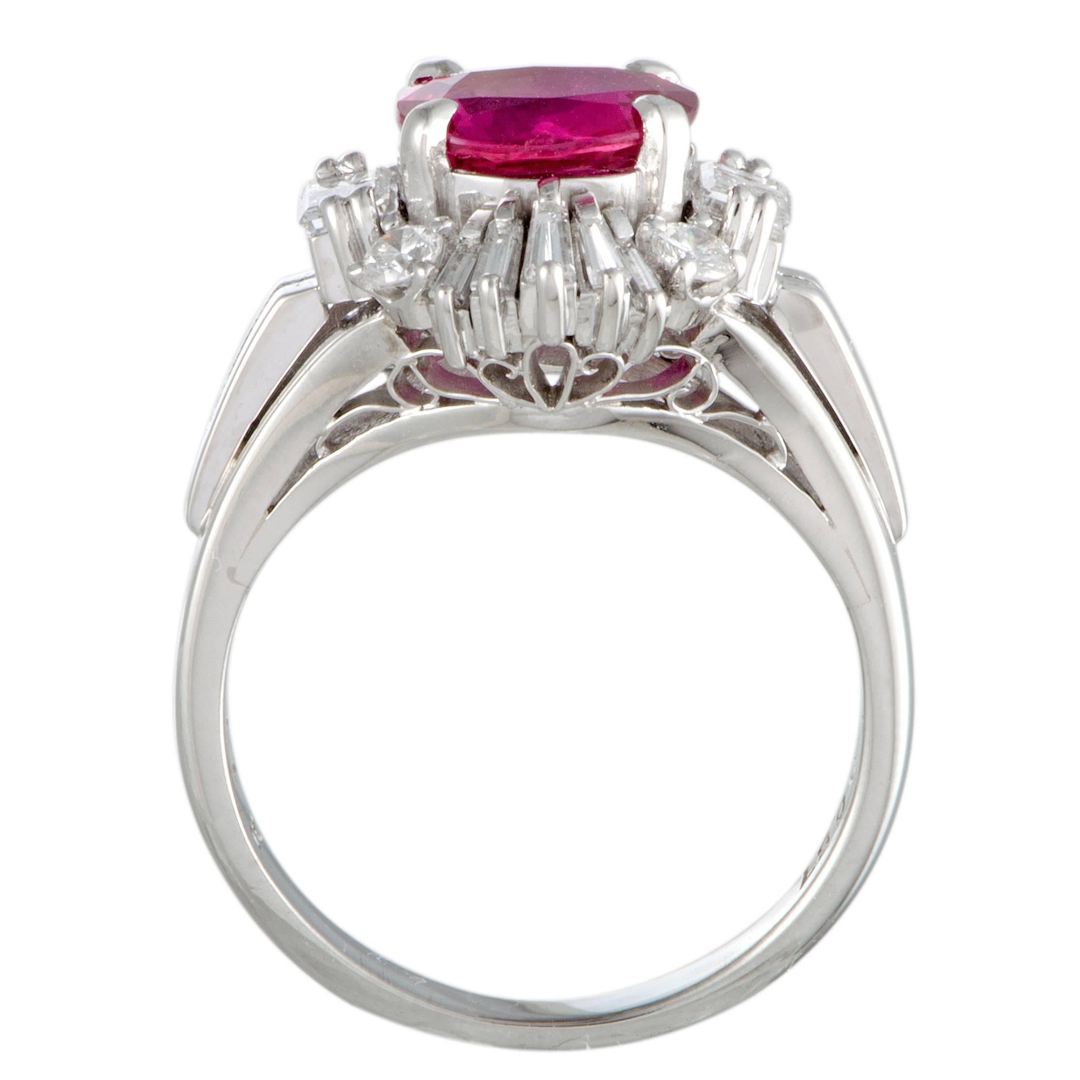 The ever-prestigious blend of luxurious platinum and regal ruby is featured in this superb ring, giving at a distinctly sophisticated appeal. The ruby weighs 1.73 carats and it is accompanied by 0.57 carats of exquisitely cut diamond stones.
Ring