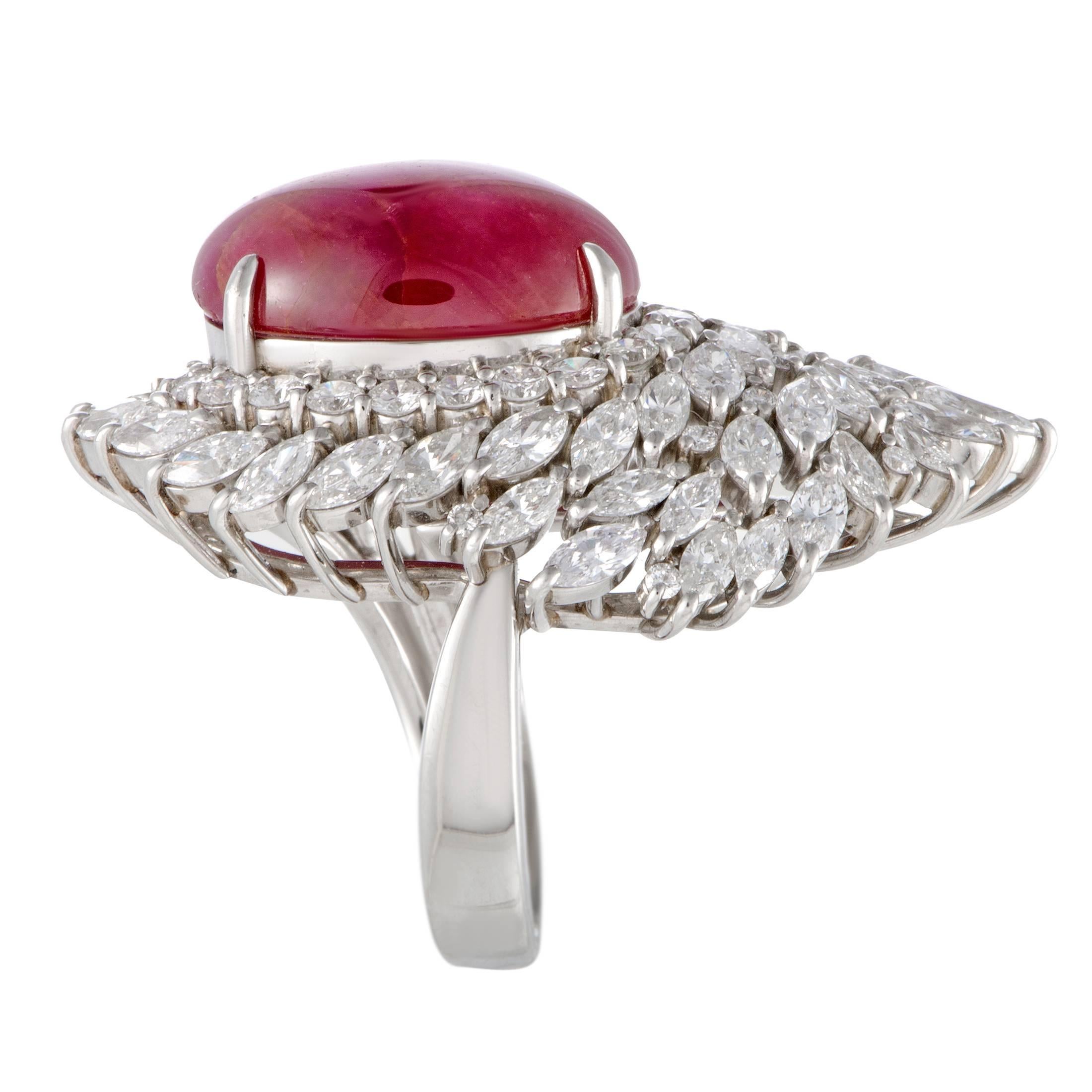 Oval Cut Ruby and Diamond Baguette Platinum Cocktail Ring