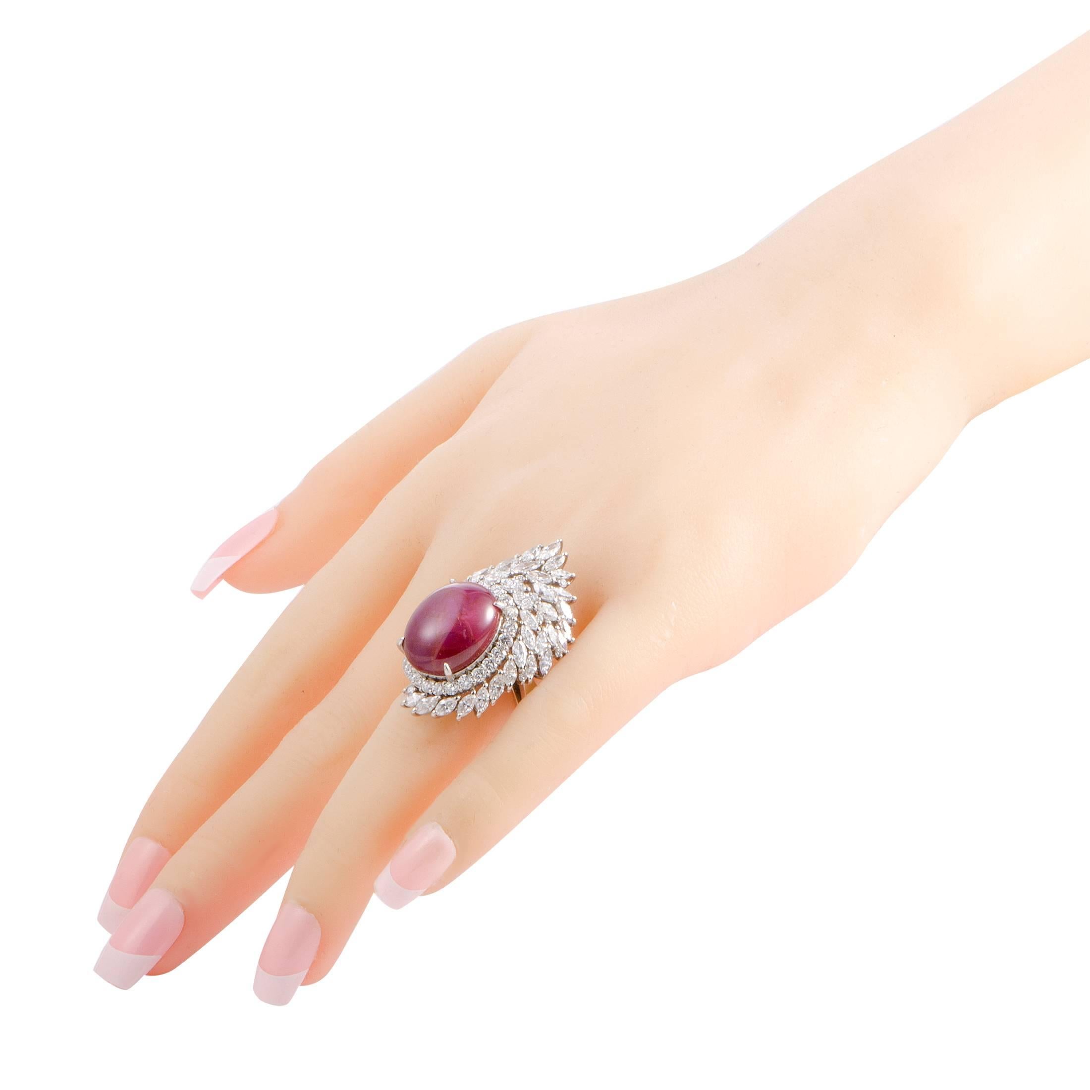Ruby and Diamond Baguette Platinum Cocktail Ring In Excellent Condition In Southampton, PA