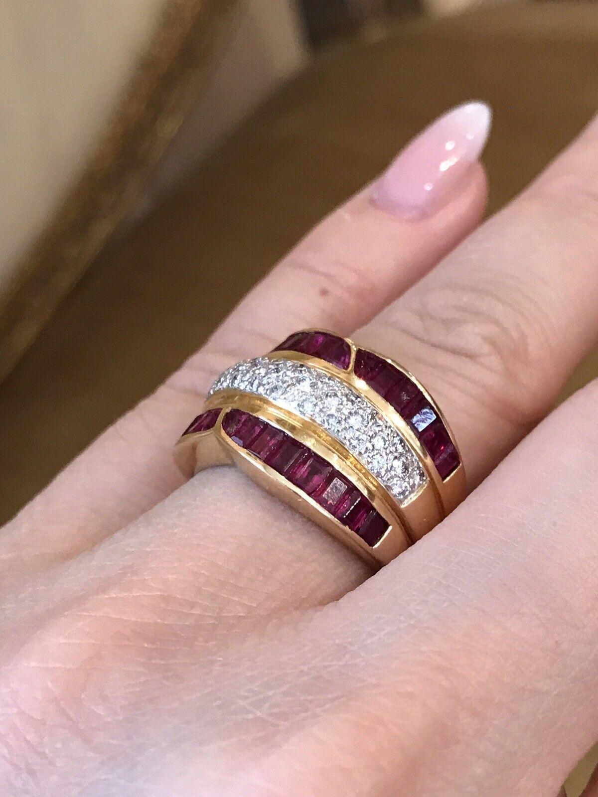 Baguette Cut Ruby and Diamond Baguette Wide Band Cocktail Ring in 18k Yellow Gold For Sale