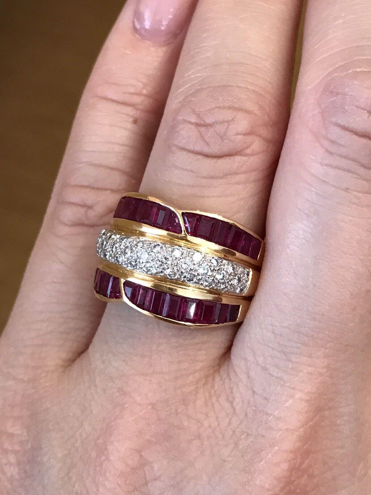 Ruby and Diamond Baguette Wide Band Cocktail Ring in 18k Yellow Gold In Excellent Condition For Sale In La Jolla, CA