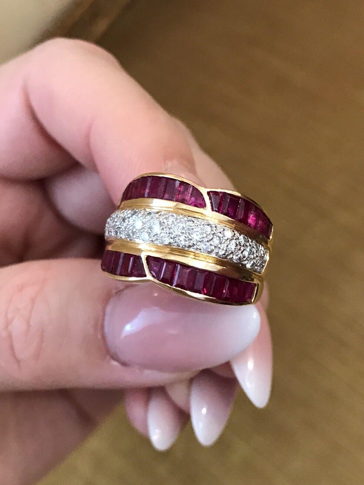 Women's Ruby and Diamond Baguette Wide Band Cocktail Ring in 18k Yellow Gold For Sale