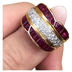 Ruby and Diamond Baguette Wide Band Cocktail Ring in 18k Yellow Gold