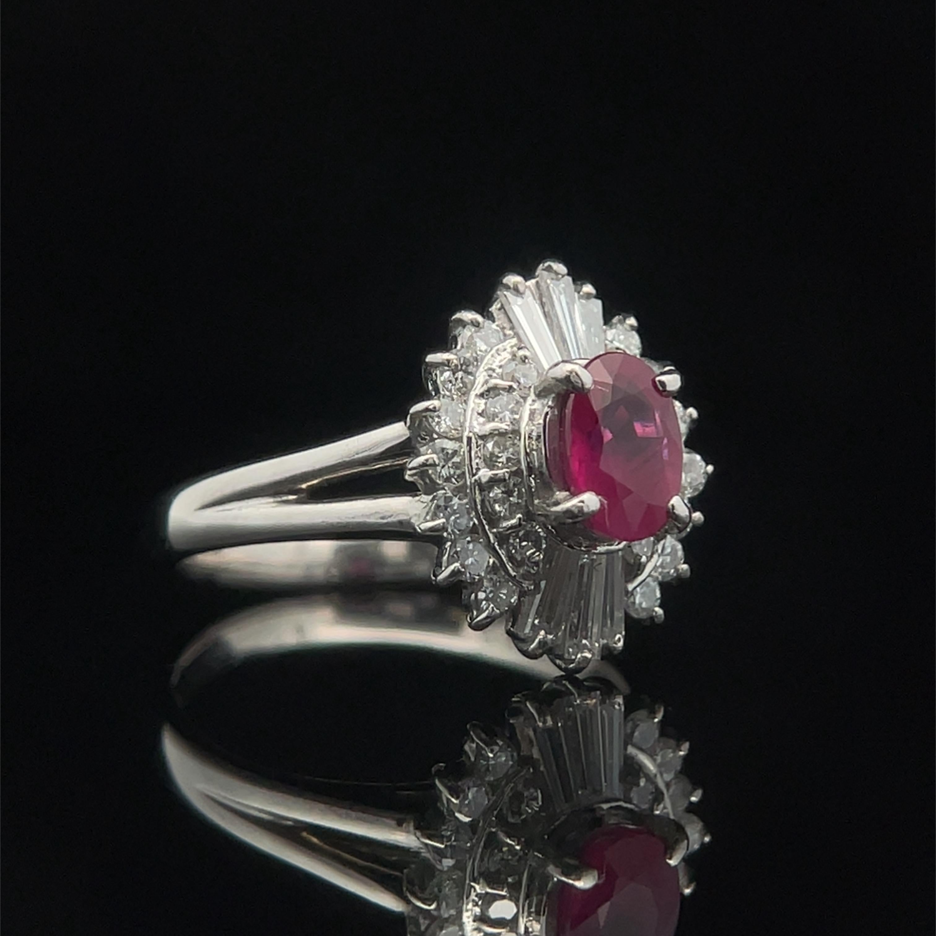 Modern Ruby and Diamond Ballerina Cocktail Estate Ring in Platinum For Sale