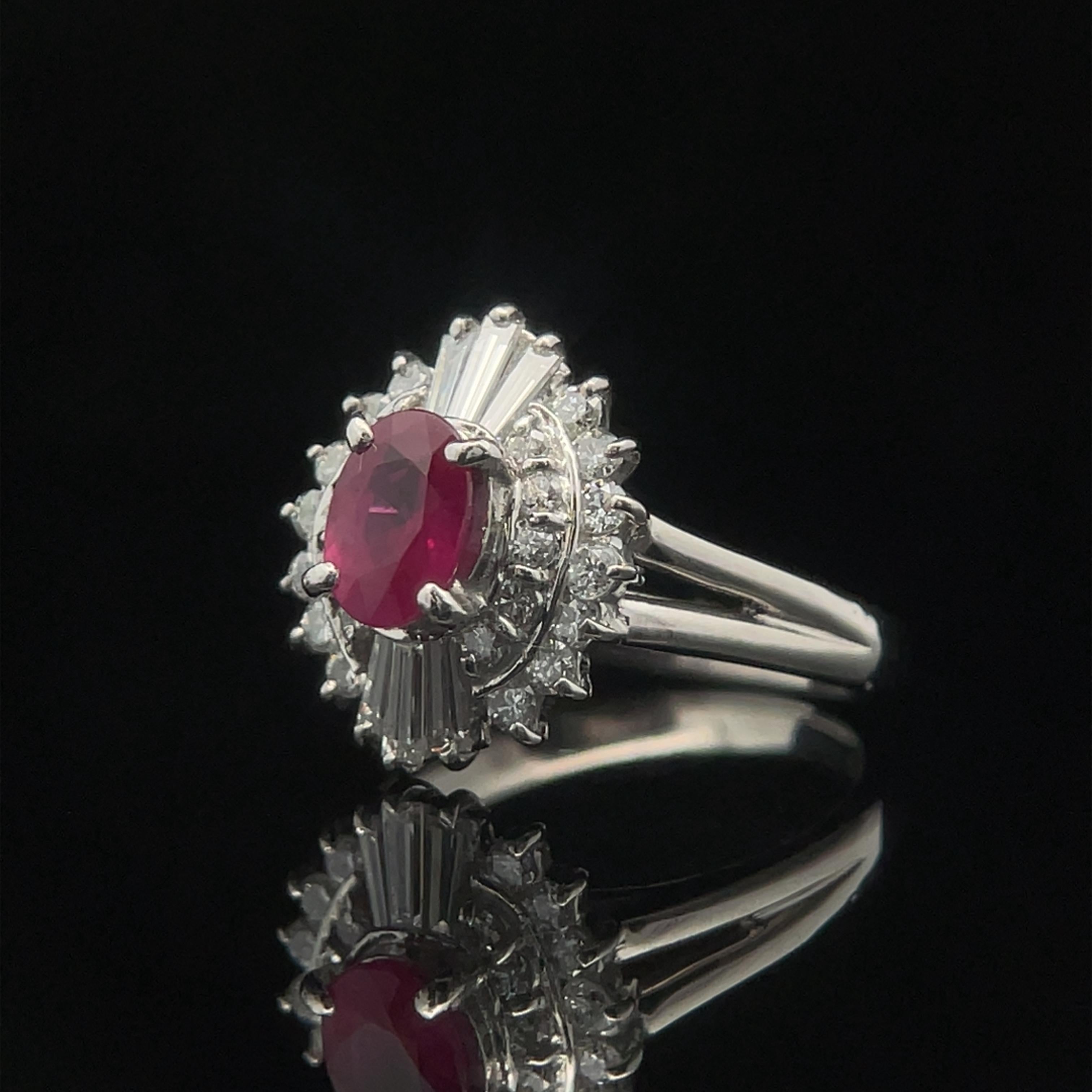 Oval Cut Ruby and Diamond Ballerina Cocktail Estate Ring in Platinum For Sale