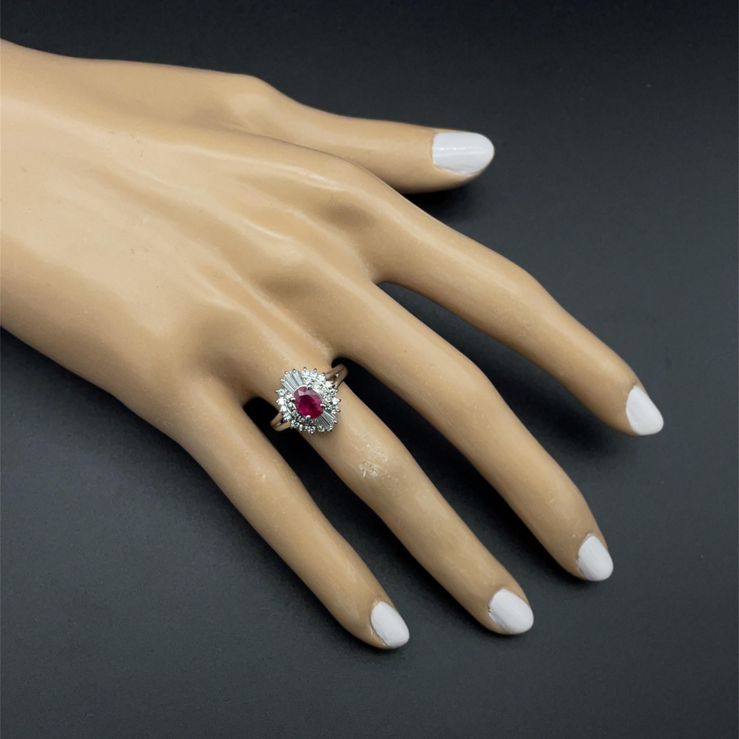 Women's Ruby and Diamond Ballerina Cocktail Estate Ring in Platinum For Sale