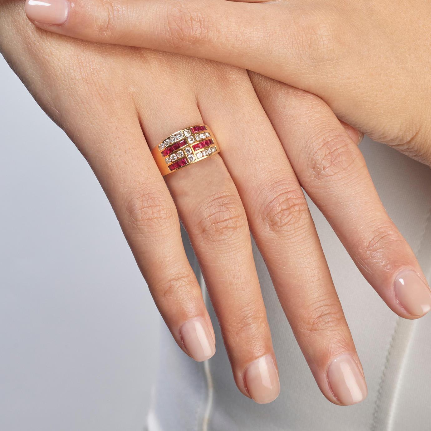 Modern Ruby And Diamond Band Ring 18K Gold For Sale