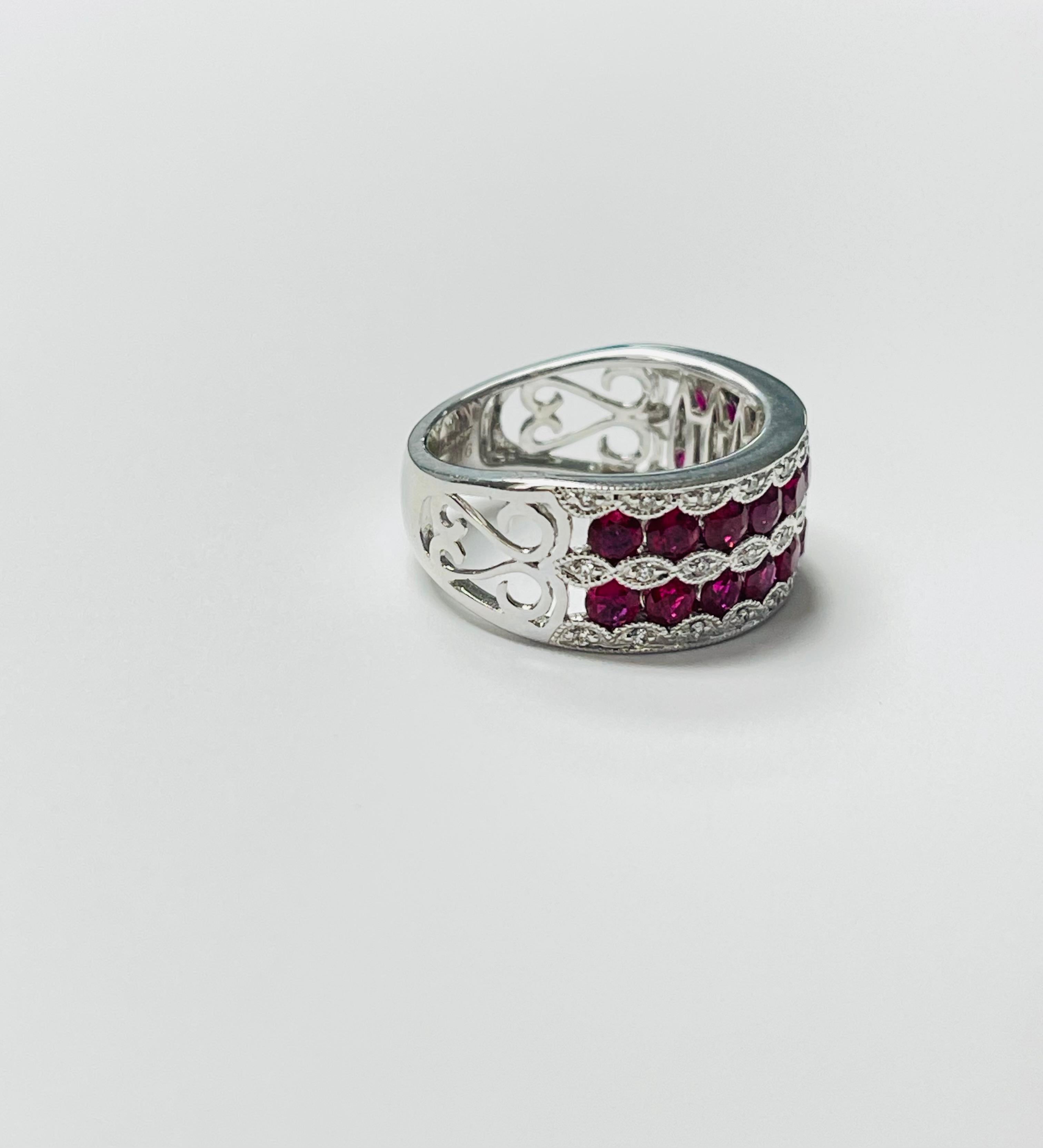 Contemporary Ruby And Diamond Band Ring In 18 Karat White Gold. For Sale