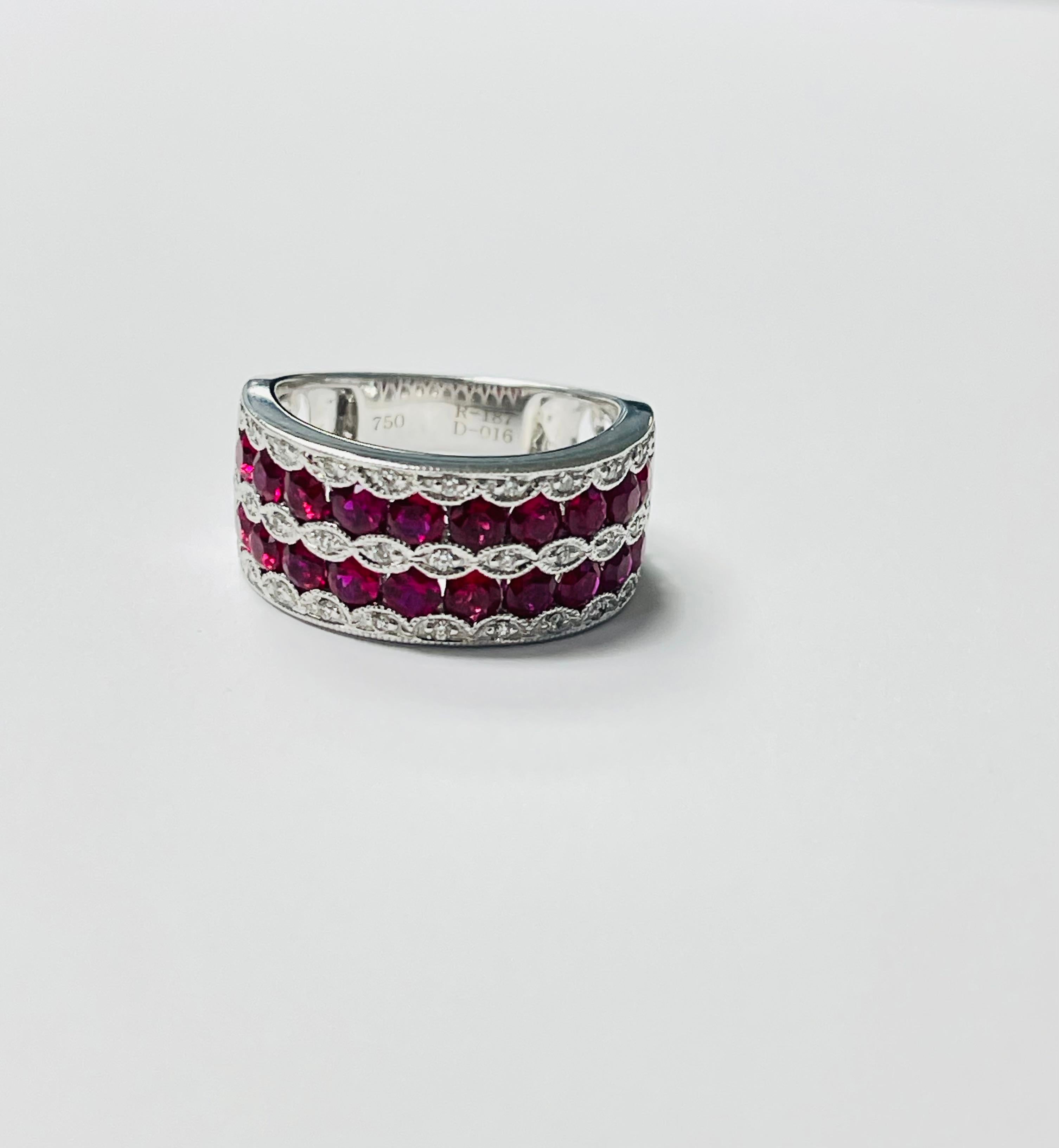 Women's Ruby And Diamond Band Ring In 18 Karat White Gold. For Sale