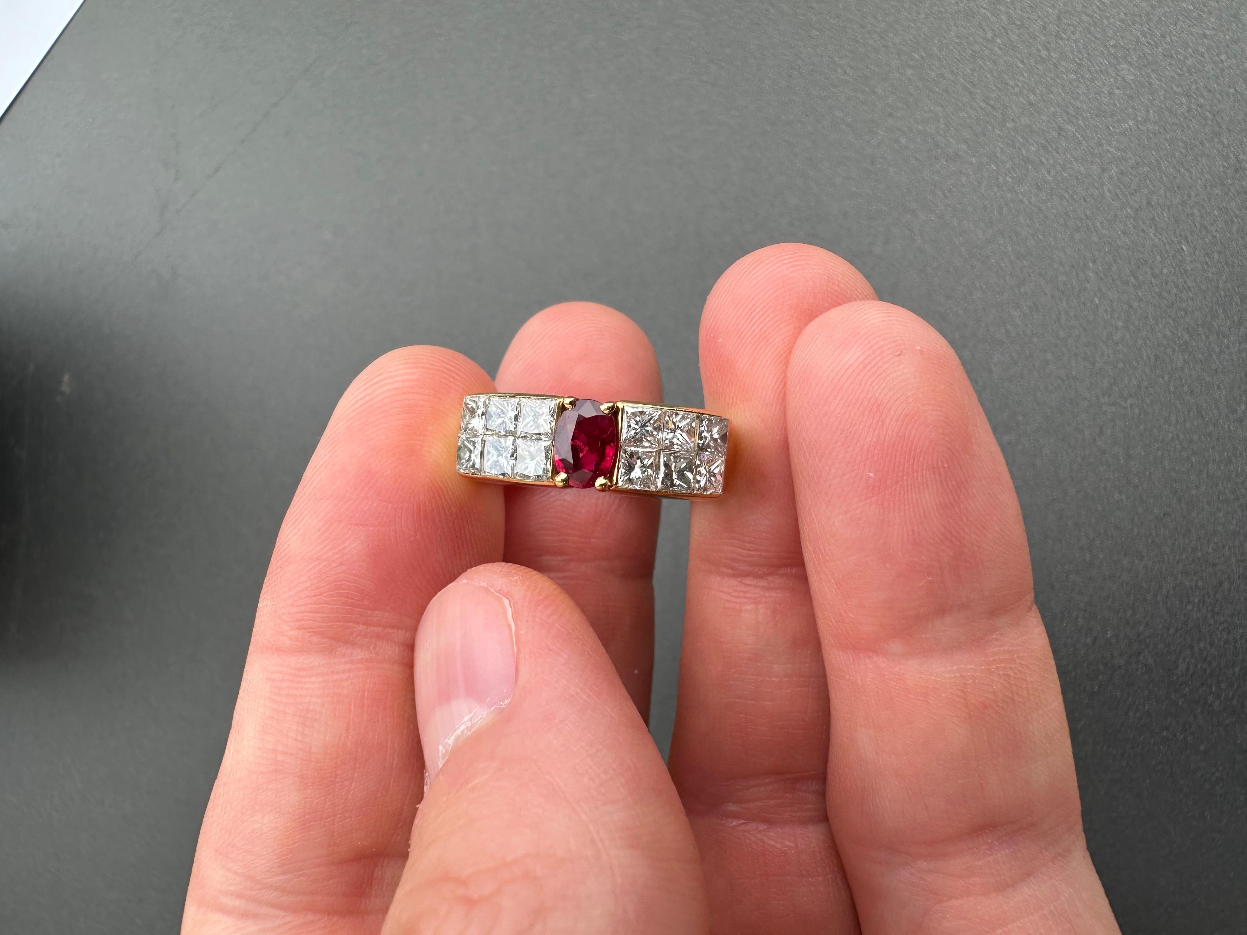 Contemporary Ruby and Diamond Band Ring set in Yellow Gold For Sale