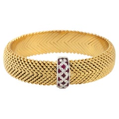 Ruby and Diamond Basket Weave Bracelet 18 Karat In Stock