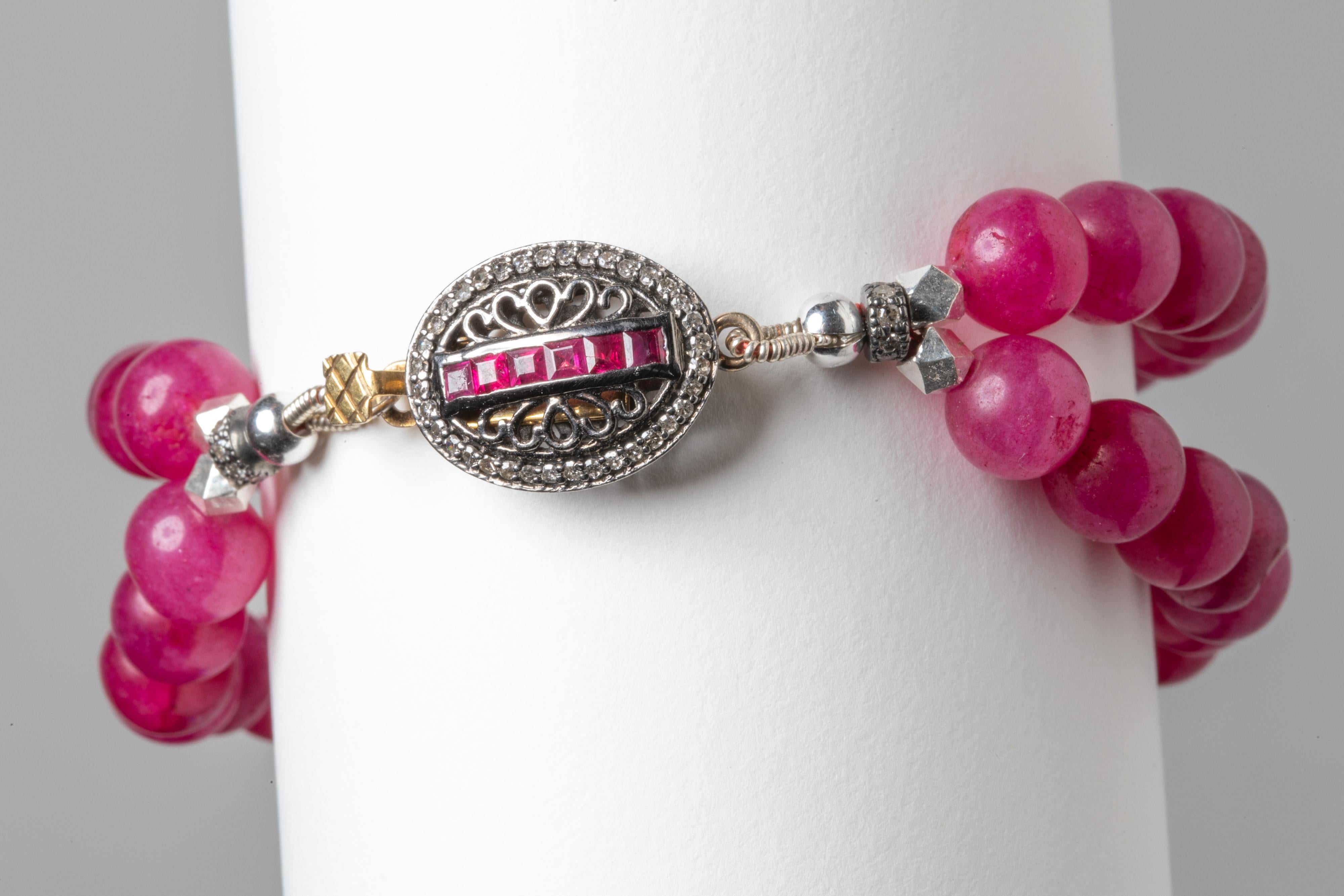 Round Cut Burmese Ruby and Diamond Beaded Bangle Bracelet