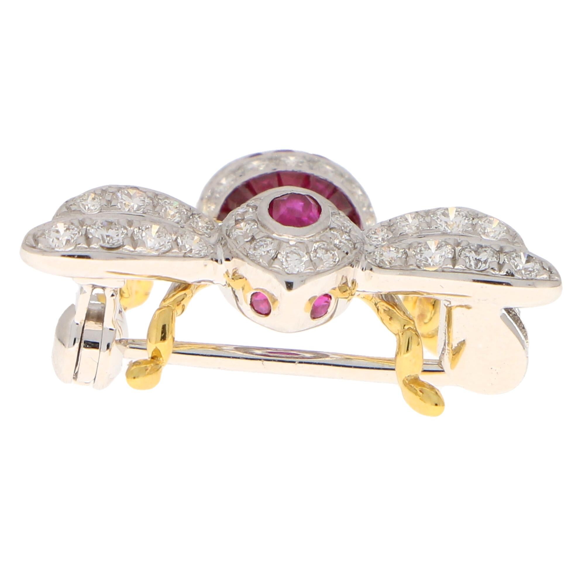 Modern Ruby and Diamond Bee Brooch Pin Set in 18k Yellow and White Gold For Sale